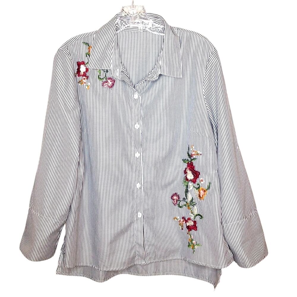 Kontrol Contemporary Embroidered Blue Striped Rose Floral Top